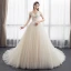 Modest / Simple Champagne Wedding Dresses 2018 Ball Gown Off-The-Shoulder Short Sleeve Backless Appliques Lace Ruffle Chapel Train