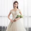Modest / Simple Champagne Wedding Dresses 2018 Ball Gown Off-The-Shoulder Short Sleeve Backless Appliques Lace Ruffle Chapel Train