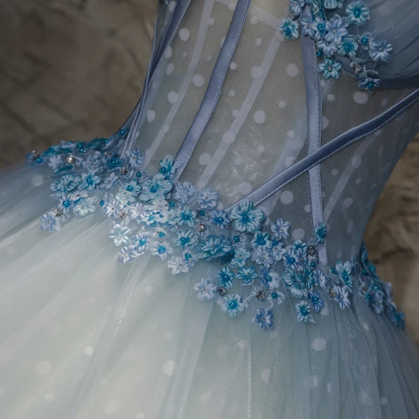 Chic / Beautiful Spotted Sky Blue Prom Dresses 2017 Ball Gown V-Neck Sleeveless Appliques Flower Pearl Floor-Length / Long Ruffle Pierced Backless Formal Dresses