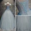Chic / Beautiful Spotted Sky Blue Prom Dresses 2017 Ball Gown V-Neck Sleeveless Appliques Flower Pearl Floor-Length / Long Ruffle Pierced Backless Formal Dresses