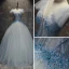Chic / Beautiful Spotted Sky Blue Prom Dresses 2017 Ball Gown V-Neck Sleeveless Appliques Flower Pearl Floor-Length / Long Ruffle Pierced Backless Formal Dresses