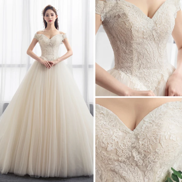 Modest / Simple Champagne Wedding Dresses 2018 Ball Gown Off-The-Shoulder Short Sleeve Backless Appliques Lace Ruffle Chapel Train