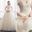 Modest / Simple Champagne Wedding Dresses 2018 Ball Gown Off-The-Shoulder Short Sleeve Backless Appliques Lace Ruffle Chapel Train