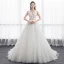 Illusion Ivory Pierced Wedding Dresses 2018 A-Line / Princess Scoop Neck Short Sleeve Appliques Lace Ruffle Chapel Train