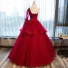 Chic / Beautiful Red Prom Dresses 2017 Ball Gown One-Shoulder Long Sleeve Appliques Flower Rhinestone Beading Floor-Length / Long Ruffle Backless Formal Dresses