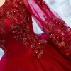 Chic / Beautiful Red Prom Dresses 2017 Ball Gown One-Shoulder Long Sleeve Appliques Flower Rhinestone Beading Floor-Length / Long Ruffle Backless Formal Dresses