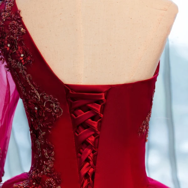 Chic / Beautiful Red Prom Dresses 2017 Ball Gown One-Shoulder Long Sleeve Appliques Flower Rhinestone Beading Floor-Length / Long Ruffle Backless Formal Dresses