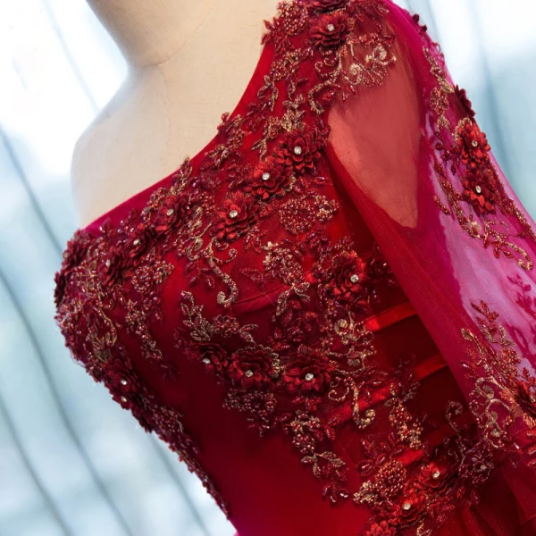 Chic / Beautiful Red Prom Dresses 2017 Ball Gown One-Shoulder Long Sleeve Appliques Flower Rhinestone Beading Floor-Length / Long Ruffle Backless Formal Dresses
