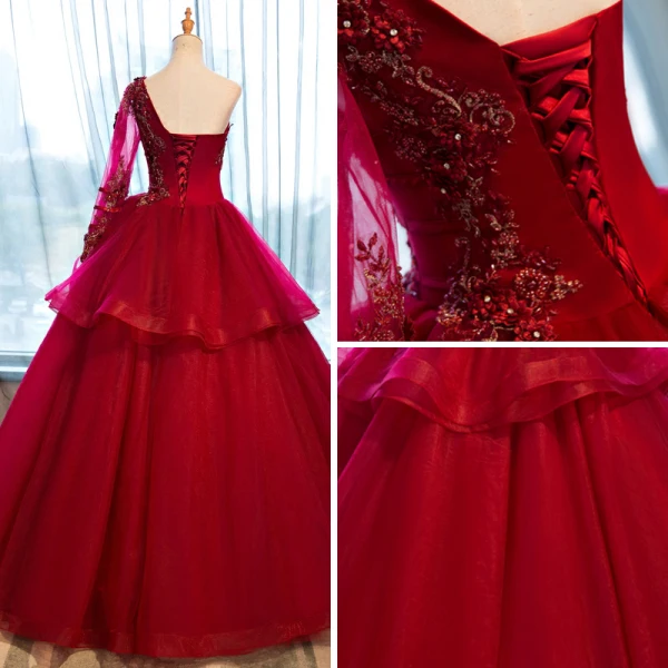 Chic / Beautiful Red Prom Dresses 2017 Ball Gown One-Shoulder Long Sleeve Appliques Flower Rhinestone Beading Floor-Length / Long Ruffle Backless Formal Dresses
