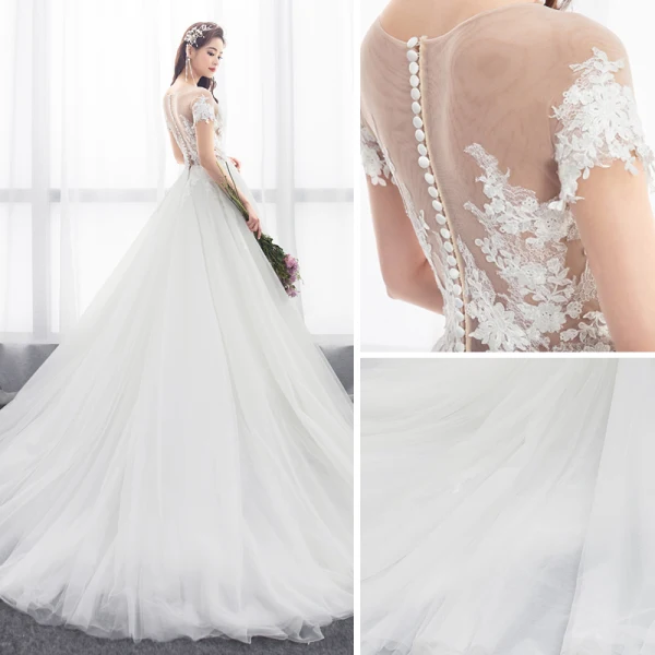 Illusion Ivory Pierced Wedding Dresses 2018 A-Line / Princess Scoop Neck Short Sleeve Appliques Lace Ruffle Chapel Train