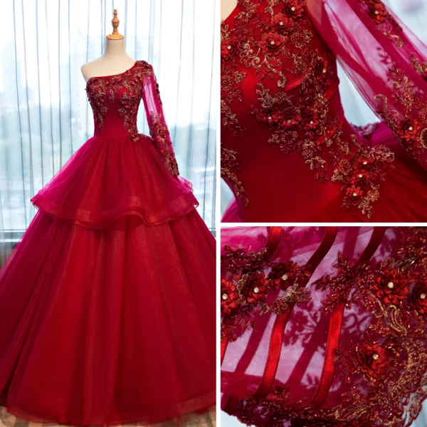 Chic / Beautiful Red Prom Dresses 2017 Ball Gown One-Shoulder Long Sleeve Appliques Flower Rhinestone Beading Floor-Length / Long Ruffle Backless Formal Dresses