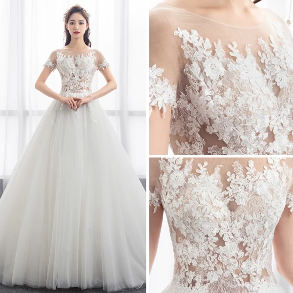 Illusion Ivory Pierced Wedding Dresses 2018 A-Line / Princess Scoop Neck Short Sleeve Appliques Lace Ruffle Chapel Train