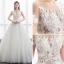 Illusion Ivory Pierced Wedding Dresses 2018 A-Line / Princess Scoop Neck Short Sleeve Appliques Lace Ruffle Chapel Train