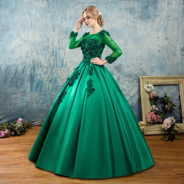 Chic / Beautiful Dark Green Prom Dresses 2017 Ball Gown Scoop Neck Long Sleeve Appliques Flower Pearl Beading Floor-Length / Long Ruffle Pierced Backless Formal Dresses