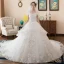 Affordable Ivory Wedding Dresses 2018 Ball Gown Off-The-Shoulder Short Sleeve Backless Lace Appliques Flower Ruffle Cathedral Train