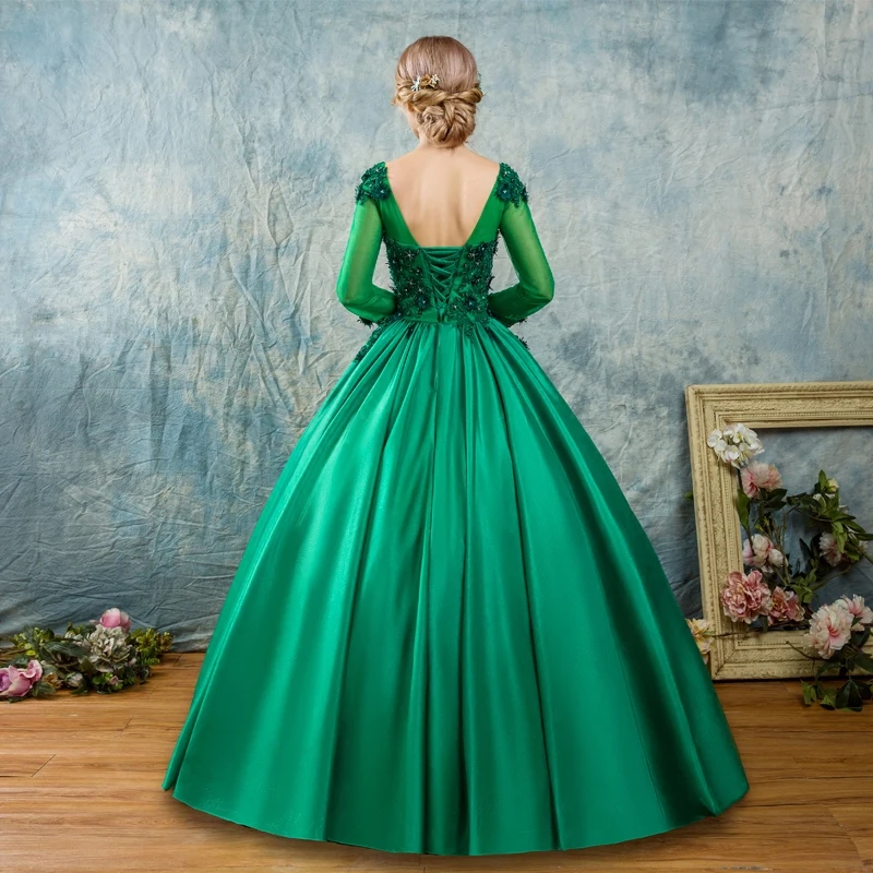 Chic Beautiful Dark Green Prom Dresses 2017 Ball Gown Scoop Neck Long Sleeve  Appliques Flower Pearl Beading Floor Length Long Ruffle Pierced Backless Formal  Dresses
