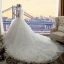 Affordable Ivory Wedding Dresses 2018 Ball Gown Off-The-Shoulder Short Sleeve Backless Lace Appliques Flower Ruffle Cathedral Train