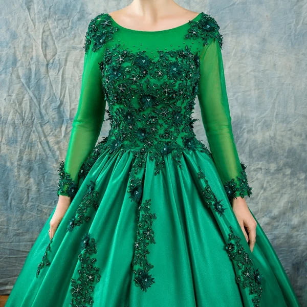 Chic / Beautiful Dark Green Prom Dresses 2017 Ball Gown Scoop Neck Long Sleeve Appliques Flower Pearl Beading Floor-Length / Long Ruffle Pierced Backless Formal Dresses