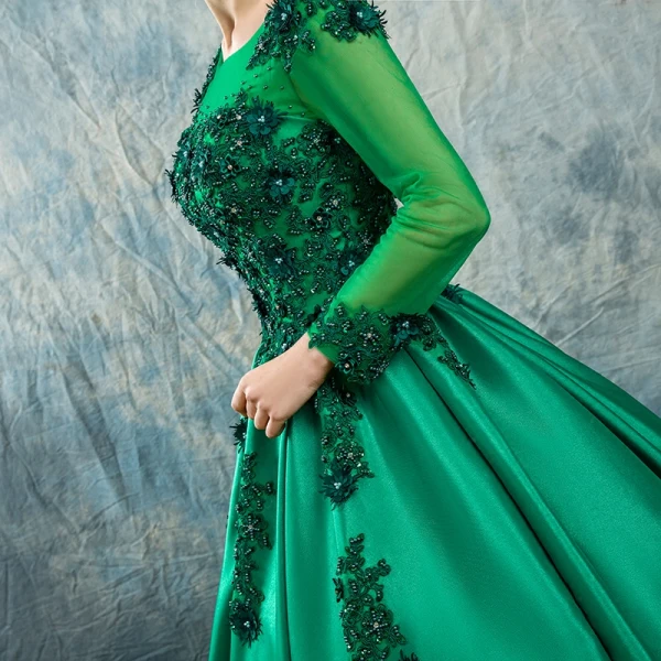 Chic / Beautiful Dark Green Prom Dresses 2017 Ball Gown Scoop Neck Long Sleeve Appliques Flower Pearl Beading Floor-Length / Long Ruffle Pierced Backless Formal Dresses