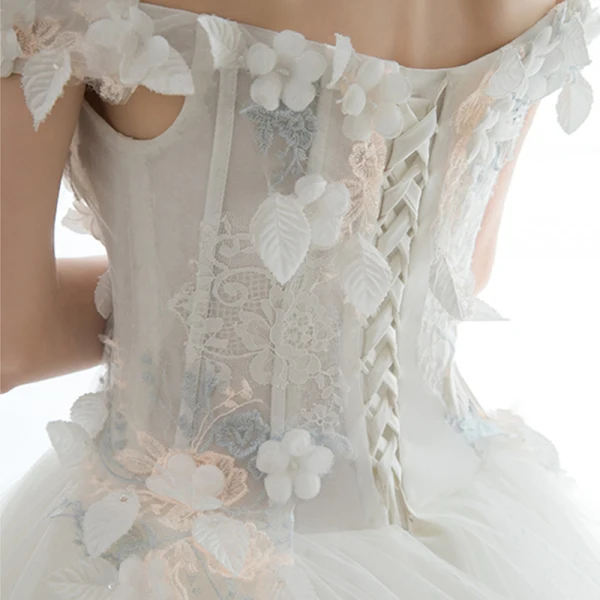 Affordable Ivory Wedding Dresses 2018 Ball Gown Off-The-Shoulder Short Sleeve Backless Lace Appliques Flower Ruffle Cathedral Train
