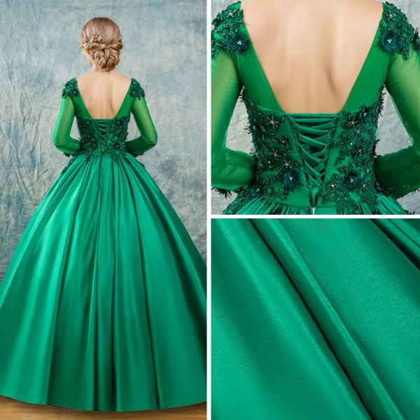 Chic / Beautiful Dark Green Prom Dresses 2017 Ball Gown Scoop Neck Long Sleeve Appliques Flower Pearl Beading Floor-Length / Long Ruffle Pierced Backless Formal Dresses
