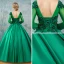 Chic / Beautiful Dark Green Prom Dresses 2017 Ball Gown Scoop Neck Long Sleeve Appliques Flower Pearl Beading Floor-Length / Long Ruffle Pierced Backless Formal Dresses