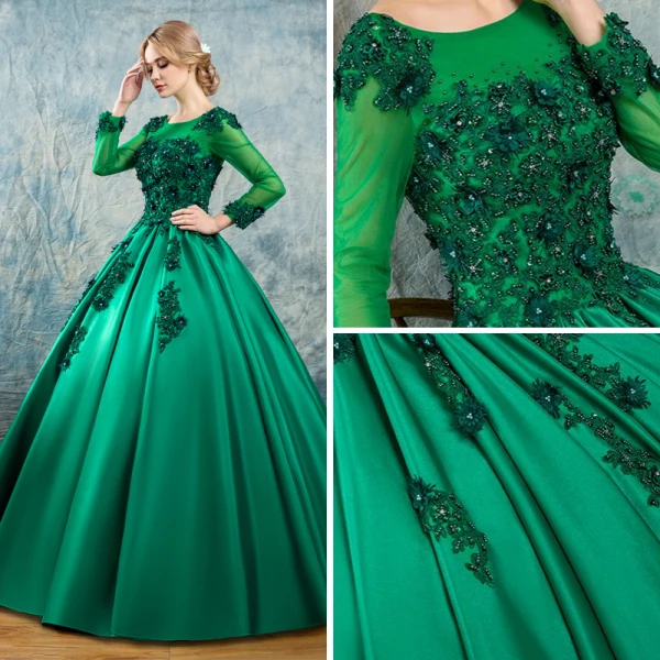 Chic / Beautiful Dark Green Prom Dresses 2017 Ball Gown Scoop Neck Long Sleeve Appliques Flower Pearl Beading Floor-Length / Long Ruffle Pierced Backless Formal Dresses