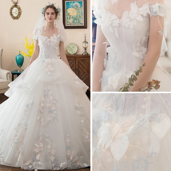 Affordable Ivory Wedding Dresses 2018 Ball Gown Off-The-Shoulder Short Sleeve Backless Lace Appliques Flower Ruffle Cathedral Train