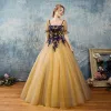 Chic / Beautiful Silver Yellow Prom Dresses 2017 Ball Gown Square Neckline Short Sleeve Appliques Lace Pearl Floor-Length / Long Ruffle Backless Formal Dresses