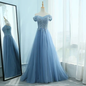 Elegant Hav Blå Ballkjoler 2018 Prinsesse Kjæreste Korte Ermer Appliques Blonder Perle Rhinestone Feie Tog Buste Ryggløse Formelle Kjoler
