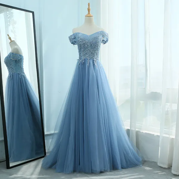 Elegant Ocean Blue Prom Dresses 2018 A-Line / Princess Sweetheart Short Sleeve Appliques Lace Pearl Rhinestone Sweep Train Ruffle Backless Formal Dresses