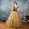 Chic / Beautiful Silver Yellow Prom Dresses 2017 Ball Gown Square Neckline Short Sleeve Appliques Lace Pearl Floor-Length / Long Ruffle Backless Formal Dresses