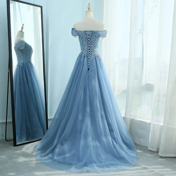 Elegant Hav Blå Ballkjoler 2018 Prinsesse Kjæreste Korte Ermer Appliques Blonder Perle Rhinestone Feie Tog Buste Ryggløse Formelle Kjoler