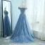Elegant Hav Blå Ballkjoler 2018 Prinsesse Kjæreste Korte Ermer Appliques Blonder Perle Rhinestone Feie Tog Buste Ryggløse Formelle Kjoler