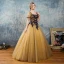 Chic / Beautiful Silver Yellow Prom Dresses 2017 Ball Gown Square Neckline Short Sleeve Appliques Lace Pearl Floor-Length / Long Ruffle Backless Formal Dresses