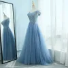 Elegant Ocean Blue Prom Dresses 2018 A-Line / Princess Sweetheart Short Sleeve Appliques Lace Pearl Rhinestone Sweep Train Ruffle Backless Formal Dresses