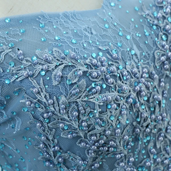Elegant Hav Blå Ballkjoler 2018 Prinsesse Kjæreste Korte Ermer Appliques Blonder Perle Rhinestone Feie Tog Buste Ryggløse Formelle Kjoler