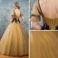 Chic / Beautiful Silver Yellow Prom Dresses 2017 Ball Gown Square Neckline Short Sleeve Appliques Lace Pearl Floor-Length / Long Ruffle Backless Formal Dresses