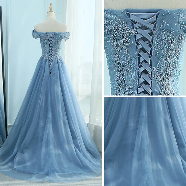 Elegant Hav Blå Ballkjoler 2018 Prinsesse Kjæreste Korte Ermer Appliques Blonder Perle Rhinestone Feie Tog Buste Ryggløse Formelle Kjoler