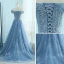 Elegant Hav Blå Ballkjoler 2018 Prinsesse Kjæreste Korte Ermer Appliques Blonder Perle Rhinestone Feie Tog Buste Ryggløse Formelle Kjoler
