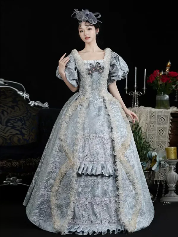 Vintage / Retro Medieval Sky Blue Pearl Flower Prom Dresses 2024 Floor-Length / Long Lace U-Neck A-Line / Princess Ball Gown Cosplay Prom Formal Dresses