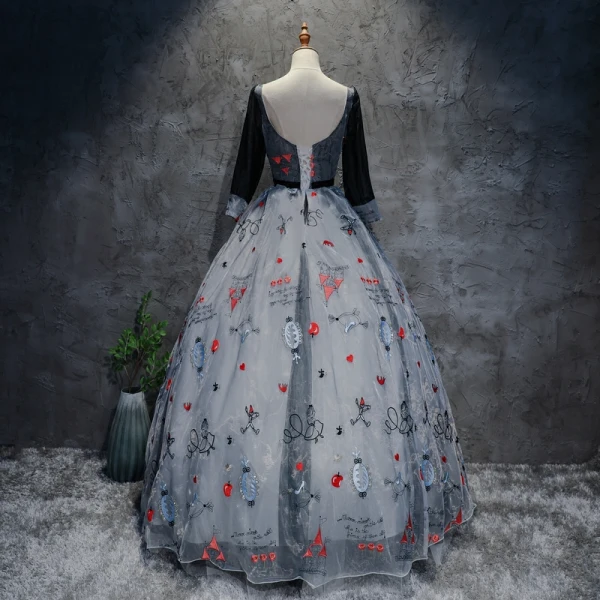 Chic / Beautiful Silver Navy Blue Prom Dresses 2017 Ball Gown V-Neck Long Sleeve Appliques Buckle Sash Floor-Length / Long Ruffle Backless Formal Dresses