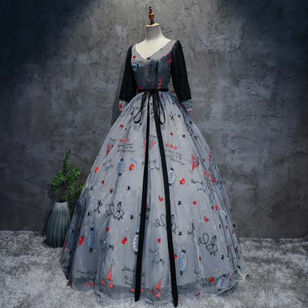 Chic / Beautiful Silver Navy Blue Prom Dresses 2017 Ball Gown V-Neck Long Sleeve Appliques Buckle Sash Floor-Length / Long Ruffle Backless Formal Dresses