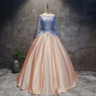 Chic Belle Champagne Perle Rose Bleu Ciel Robe De Bal 2017 Robe Boule Encolure Dégagée Manches Longues Appliques En Dentelle Fleur Perle Ceinture Longue Volants Percé Dos Nu Robe De Ceremonie