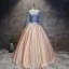 Chic / Beautiful Champagne Pearl Pink Sky Blue Prom Dresses 2017 Ball Gown Scoop Neck Long Sleeve Appliques Lace Flower Pearl Sash Floor-Length / Long Ruffle Pierced Backless Formal Dresses