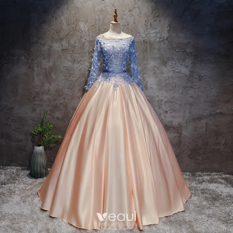 Chic / Beautiful Champagne Pearl Pink Sky Blue Prom Dresses 2017 Ball Gown  Scoop Neck Long Sleeve Appliques Lace Flower Pearl Sash Floor-Length / Long  Ruffle Pierced Backless Formal Dresses