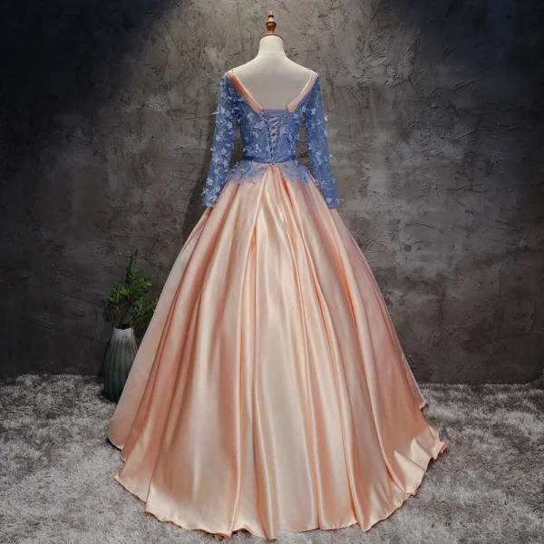 Chic / Beautiful Champagne Pearl Pink Sky Blue Prom Dresses 2017 Ball Gown Scoop Neck Long Sleeve Appliques Lace Flower Pearl Sash Floor-Length / Long