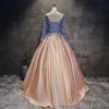 Chic / Beautiful Champagne Pearl Pink Sky Blue Prom Dresses 2017 Ball Gown Scoop Neck Long Sleeve Appliques Lace Flower Pearl Sash Floor-Length / Long Ruffle Pierced Backless Formal Dresses