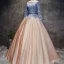 Chic / Beautiful Champagne Pearl Pink Sky Blue Prom Dresses 2017 Ball Gown Scoop Neck Long Sleeve Appliques Lace Flower Pearl Sash Floor-Length / Long Ruffle Pierced Backless Formal Dresses