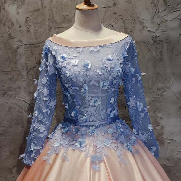 Chic / Beautiful Champagne Pearl Pink Sky Blue Prom Dresses 2017 Ball Gown Scoop Neck Long Sleeve Appliques Lace Flower Pearl Sash Floor-Length / Long Chic / Beautiful Champagne Pearl Pink Sky Blue Prom Dresses 2017 Ball Gown Scoop Neck Long Sleeve Appliques Lace Flower Pearl Sash Floor-Length / Long